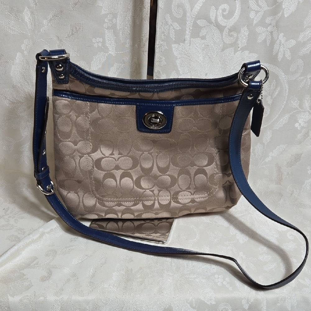 Coach Penelope Tan and Blue Satin With Patent Leather Crossbody Bag